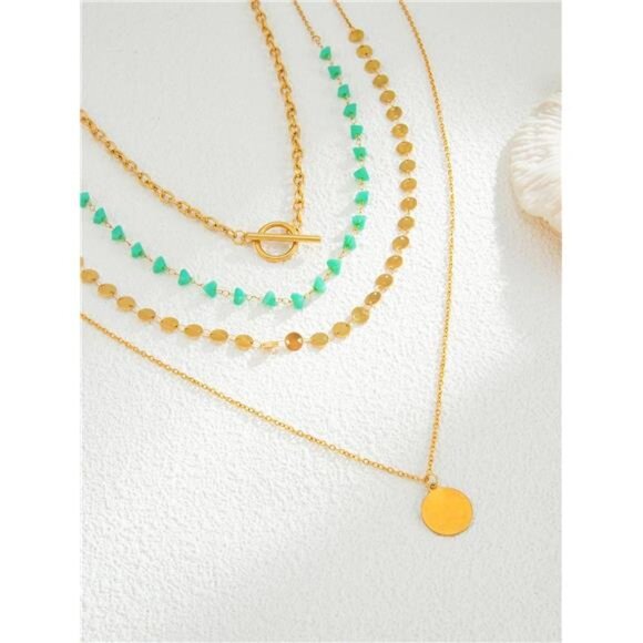 Layered Gold Chain Necklace Set | Turquoise & Coin Pendant - Picture 5 of 6